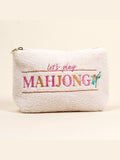 Cream teddy mahjong pouch with pink embroidered text and gold zipper
