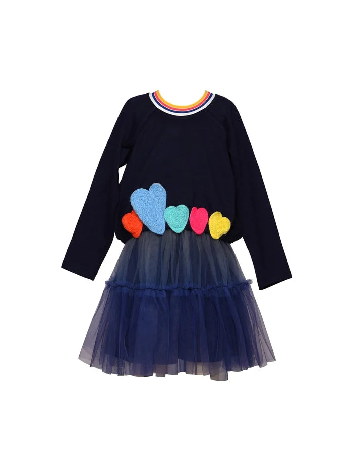 Navy blue two-layered girls dress with heart trim and ombre tutu mesh flat lay