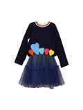 Navy blue two-layered girls dress with heart trim and ombre tutu mesh flat lay