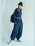 Women's navy blue Up In The Air Set with cropped mock neck top and high-rise harem pants