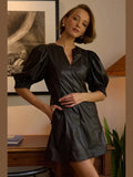 Vegan Leather Puff Sleeve Dress - Chocolate