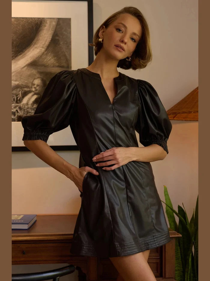Vegan Leather Puff Sleeve Dress - Chocolate