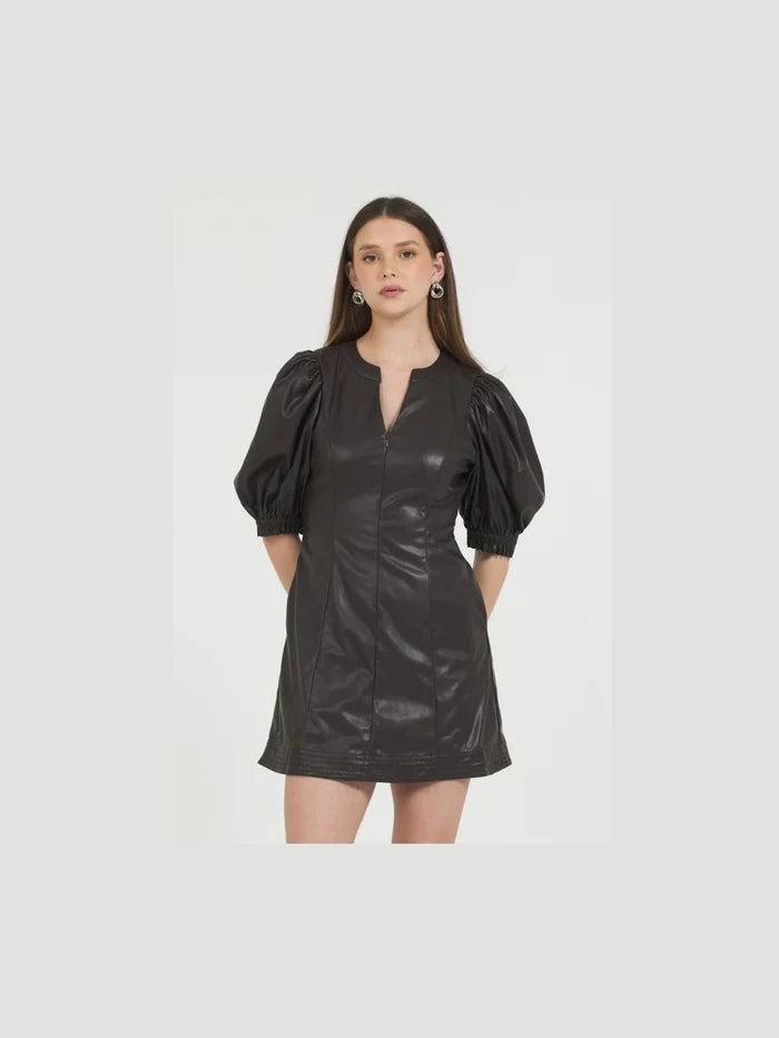 Vegan Leather Puff Sleeve Dress - Chocolate