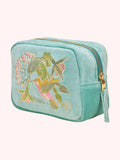 Velvet Embroidered Make Up Bag - Hummingbird, Aqua