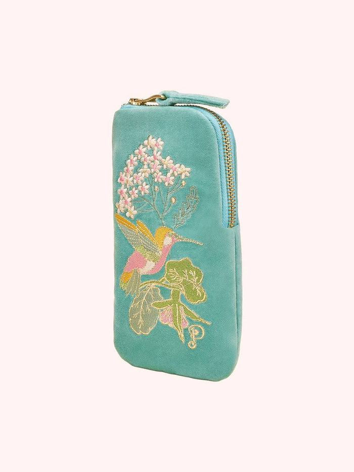 Velvet Embroidered Sunglasses Pouch - Hummingbird, Aqua